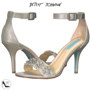 Betsey Johnson Gina Jeweled Ankle Strap Dress Sandals Silver Satin Stiletto Heel